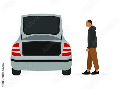 A male character is standing near a car with an open trunk on a white background