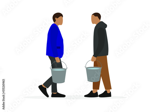 Two male characters with full buckets of water stand and look at each other on a white background