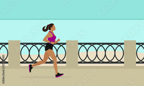 Photo Female character in sportswear running along the embankment