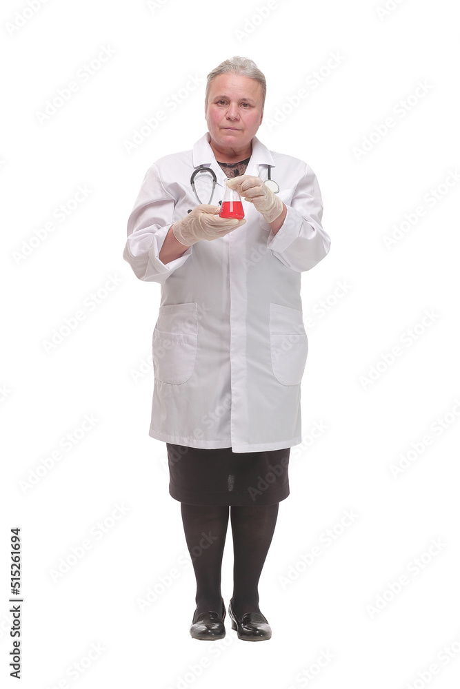 Front view of mature scientist or doctor are testing bloods to prevent and destroy new strains of the virus through tube and beaker Front view of mature scientist or doctor are testing bloods to prevent and destroy new strains of the virus through tube and beaker