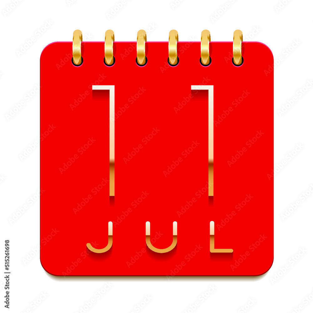 11 day of the month. July. Luxury calendar daily icon. Date day week Sunday, Monday, Tuesday, Wednesday, Thursday, Friday, Saturday. Gold text. Red paper. Vector illustration. 11 day of the month. July. Luxury calendar daily icon. Date day week Sunday, Monday, Tuesday, Wednesday, Thursday, Friday, Saturday. Gold text. Red paper. Vector illustration.