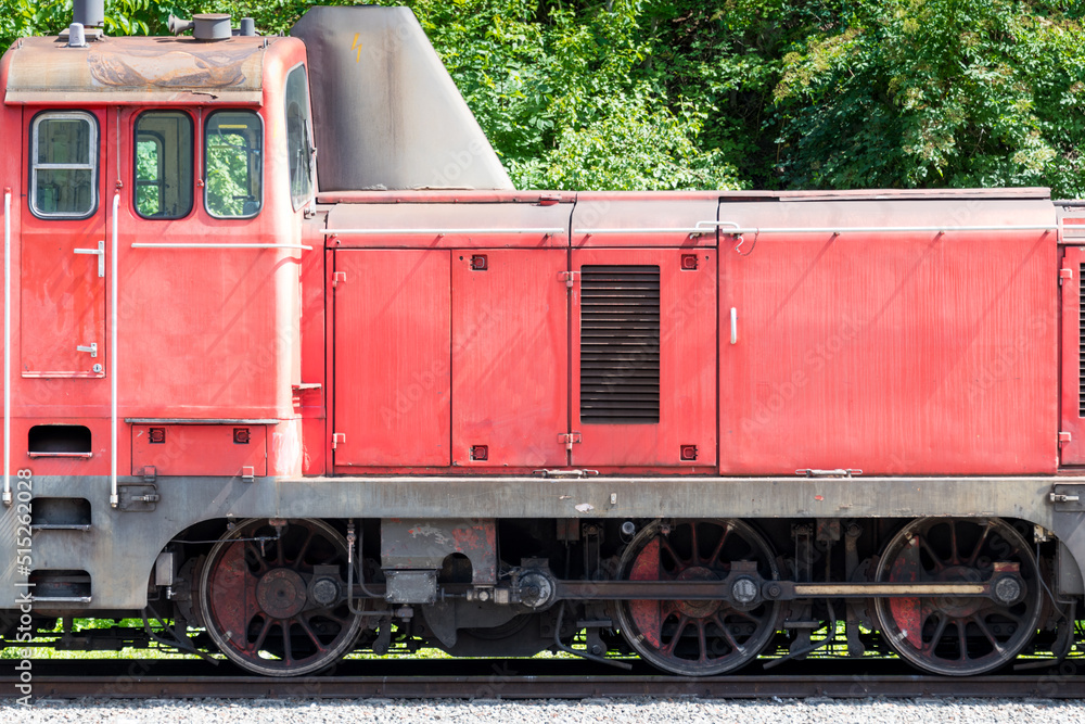 Closeup old diesel shunting locomotive rod drive Closeup old diesel shunting locomotive rod drive