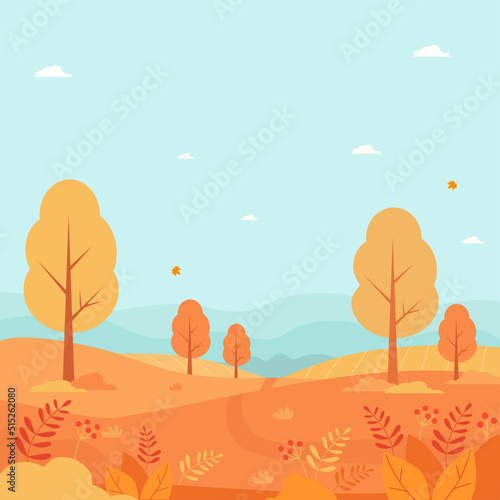 Vertical autumn poster. Beautiful autumn nature, park, hills and fields, autumn landscape with trees and plants, horizon and sky with clouds and falling autumn leaves. Vector illustration.