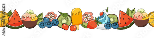 Summer border of ripe fruit and ice cream on a white background. Seamless. Vector illustration by hand draw. Summer greeting card, banner, picture for notebook, notebook, background.