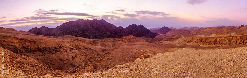 Sunrise panorama of Mount Shlomo and the Gulf of Aqaba