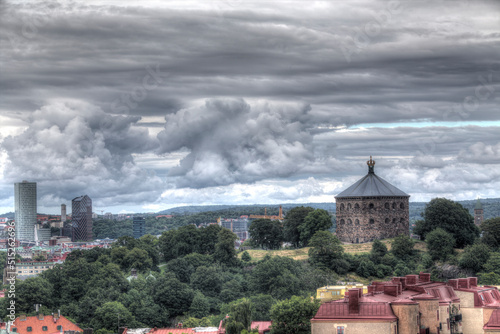 Fortress named  Skansen Krona  on a hill in central Gothenburg  Sweden. Diffuse cityscape on the side of the image.