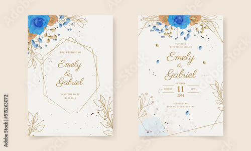 Double sided wedding invitation template with blue flower Premium Vector © Nadhifa Creative
