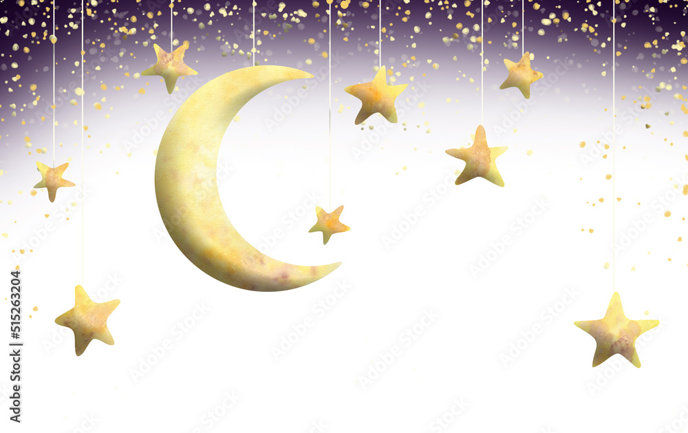 Horizontal frame with the moon and suspended stars. Watercolor ...