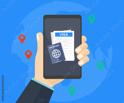 Visa application on smartphone screen logo design. Clipboard with visa application form, passport, pin map, pen and laptop. World travel, tourism, holidays concepts vector design and illustration.