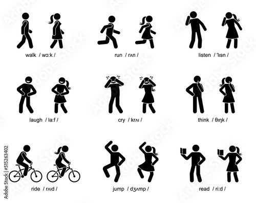 Stick figure man woman walk, run, listen, laugh, cry, think, ride, jump, read vector illustration. Acton verbs international pronunciation photo