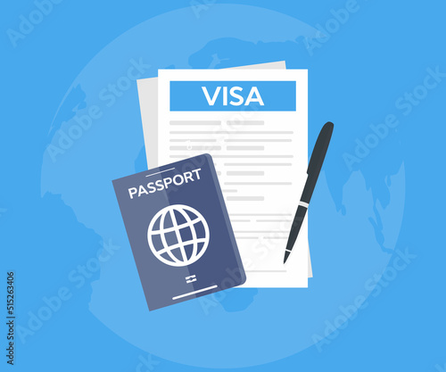 Visa application logo design. Clipboard with visa application form, passport, pin map, pen and laptop. World travel, tourism, holidays concepts vector design and illustration.
