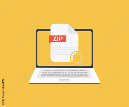 Laptop and download ZIP file, ZIP file document on screen logo design. Download zip button vector design and illustration.