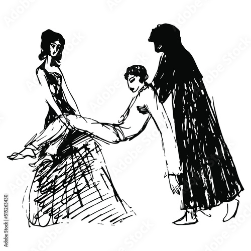 Three fantastic characters. Pretty girl and mysterious monk carrying the body of a sleeping or unconscious young man. Hand drawn ink sketch. Black and white vector silhouette.