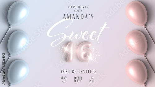 Invitation card design for Sweet 16 party celebration. Banner with pink balloon, pastel colours background, 3d. Birthday party announcement
