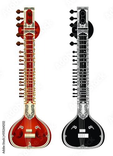Vector art of the Indian string instrument known as a Sitar in full color and as line art