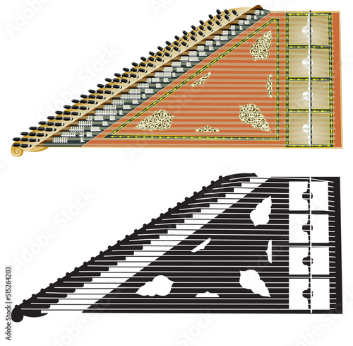 Vector art of the zither instrument known as a Kanun or Qanun in full color and as line art photo