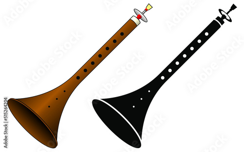 Vector art of the reed instrument known as a Zurna or Mizmar in full color and as line art