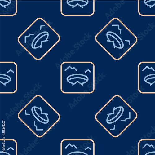 Line Winter fishing icon isolated seamless pattern on blue background. Round ice frame. Hole in ice. Vector