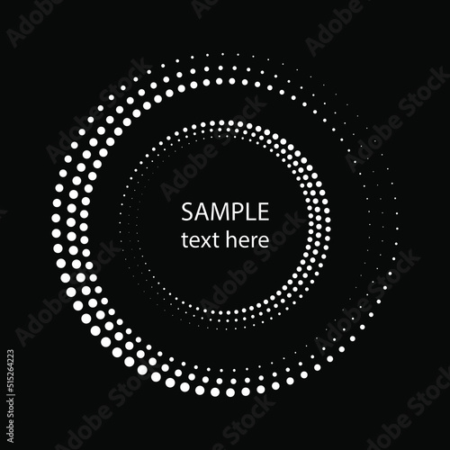 White halftone dotted lines in round form. Trendy design element for border frame, round logo, blackout tattoo, sign, symbol, web pages, prints, template, pattern, background