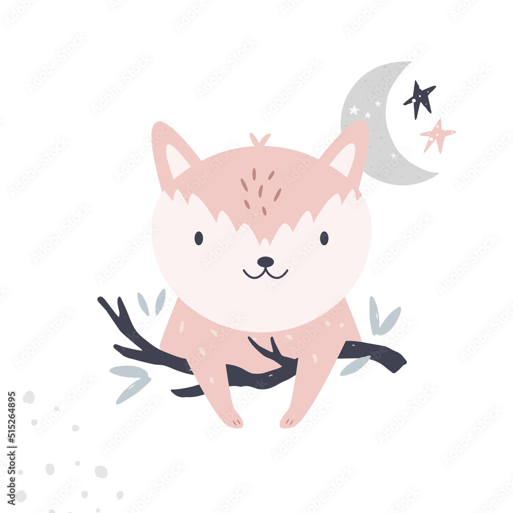 Vector illustration of a cute fox on a branch and moon Vector illustration of a cute fox on a branch and moon