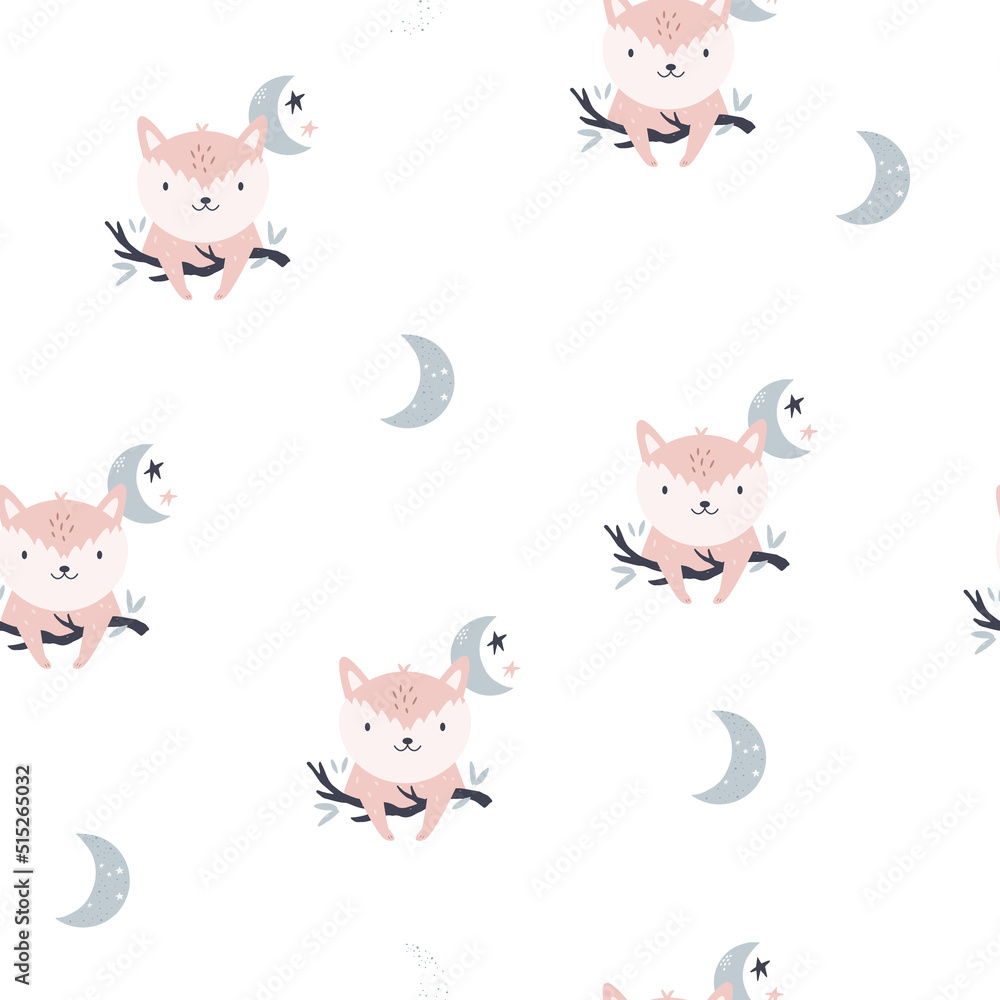 Seamless pattern with funny foxes and half moons