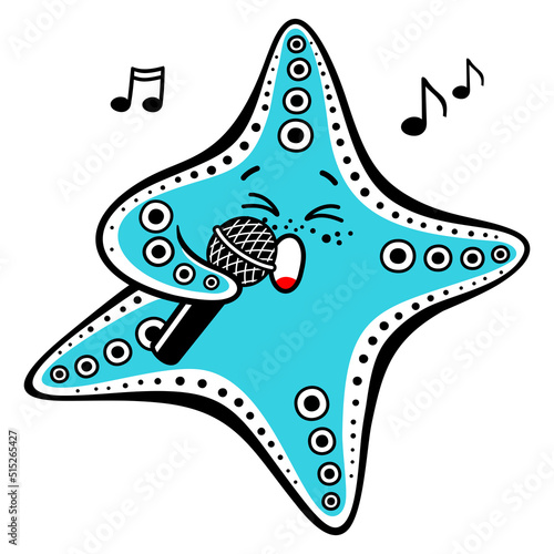Cartoon starfish singing into a microphone. Vector illustration of a cute sea star in a childish style.