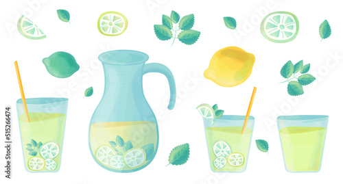 A set of glasses and a jug with lemonade, fruit smoothie. Mint leaves, lime, lemons. Refreshing summer homemade drinks. Color vector isolated illustration in watercolor style.