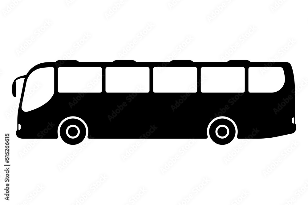 Big passenger tourist bus icon. Black silhouette. Side view. Vector simple flat graphic illustration. Isolated object on a white background. Isolate. - obrazy, fototapety, plakaty 