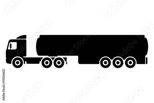 Truck tractor tanker with semi-trailer icon. Black silhouette. Side view. Vector simple flat graphic illustration. Isolated object on a white background. Isolate.