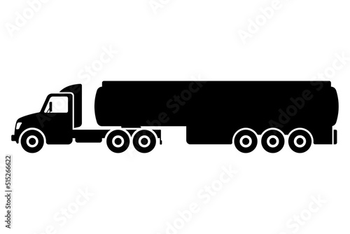 Truck tractor tanker with semi-trailer icon. Black silhouette. Side view. Vector simple flat graphic illustration. Isolated object on a white background. Isolate.