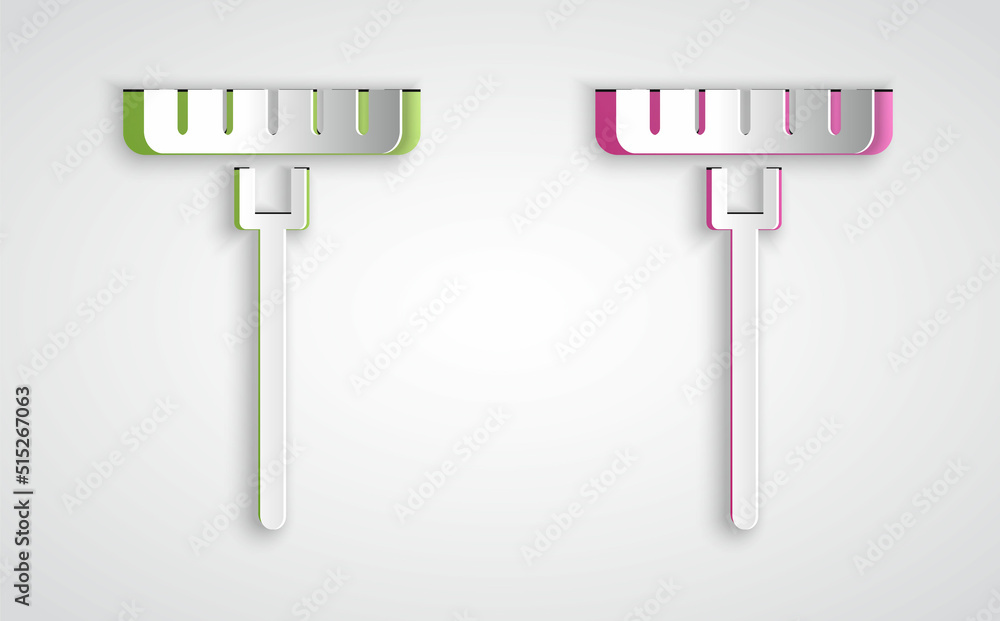 Paper cut Garden rake icon isolated on grey background. Tool for horticulture, agriculture, farming. Ground cultivator. Housekeeping equipment. Paper art style. Vector