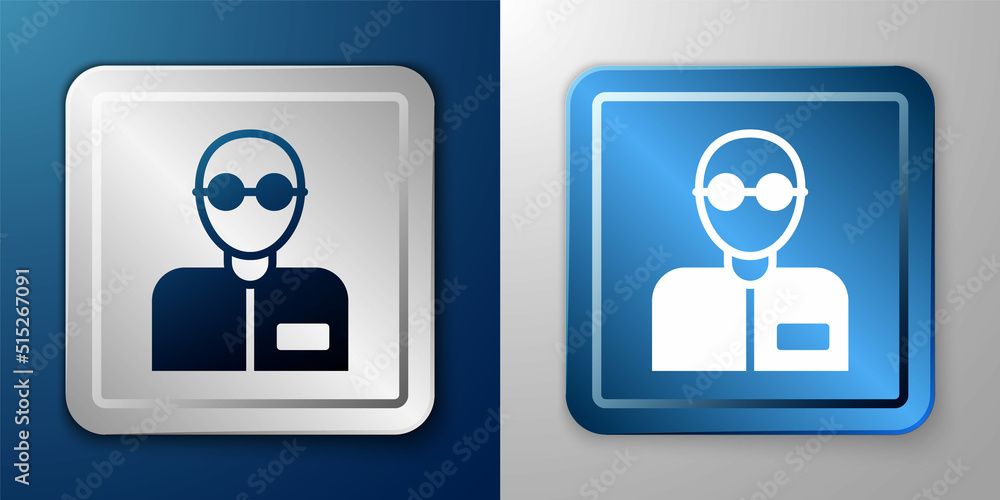 White Teacher icon isolated on blue and grey background. Silver and blue square button. Vector White Teacher icon isolated on blue and grey background. Silver and blue square button. Vector