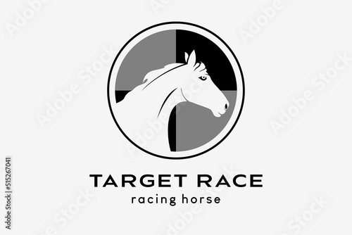 Racehorse or racing horse logo design, horse head silhouette on black and white background in circle