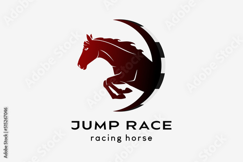 Racehorse or racing horse logo design, horse silhouette jumping in circle