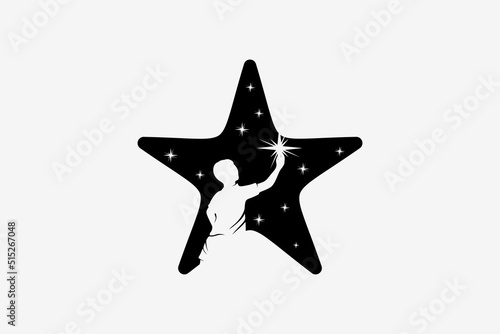 Star reaching logo design with creative concept, silhouette of person reaching star with night background in star icon