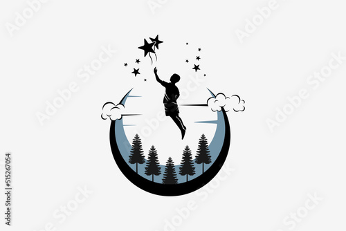 Star reaching logo design with creative concept, silhouette of people reaching stars in moon background above fir tree