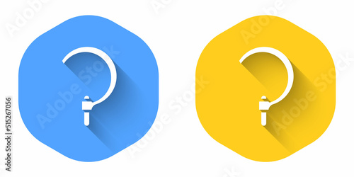 White Sickle icon isolated with long shadow background. Reaping hook sign. Circle button. Vector