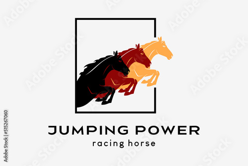 Racehorse or racing horse logo design, silhouette of three horses with jumping concept in grid lines
