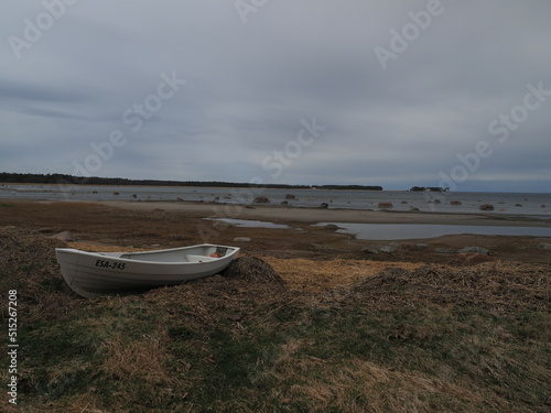 Scenery of Lahemaa National Park with a bay and a white boat