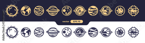 Abstract planets set. Planet Earth and sun icon. Space background. World symbol. Vector eps10 illustration. Flat design. Line art. Simple minimalystic design. Silhouette isolated. Icons set.