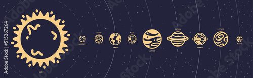 Solar system. Planets set. Planet Earth and sun icon. Space background. World symbol. Vector eps10 illustration. Flat design. Line art. Simple minimalystic design. Silhouette isolated. Icons set.