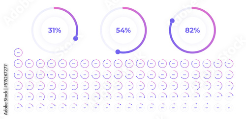 Loading indicator. Progress bar. Percentage meter. UI, User interface. Loading symbol. Download process. Circle icons set. Minimalistic template. Realistic modern design. Vector illustration.