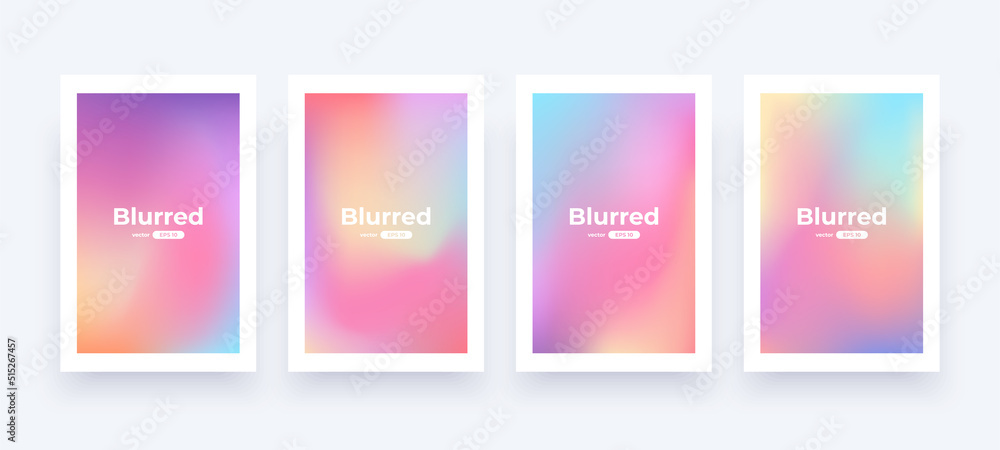 Gradient background set. Soft color. Bright colorful colors. Simple modern screen design. Sunset and sunrise sky colors. Blue, purple, orange, pink, yellow. Vibrant style template. Vector illustration