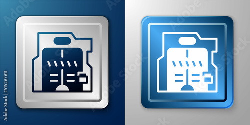 White Futuristic sliding doors icon isolated on blue and grey background. Silver and blue square button. Vector © Iryna