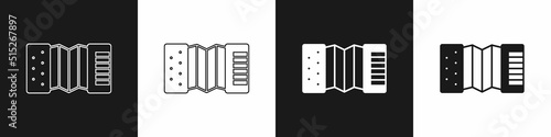 Set Musical instrument accordion icon isolated on black and white background. Classical bayan, harmonic. Vector