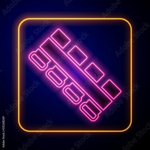 Glowing neon Hunting cartridge belt with cartridges icon isolated on black background. Bandolier sign. Hunter equipment, armament. Vector