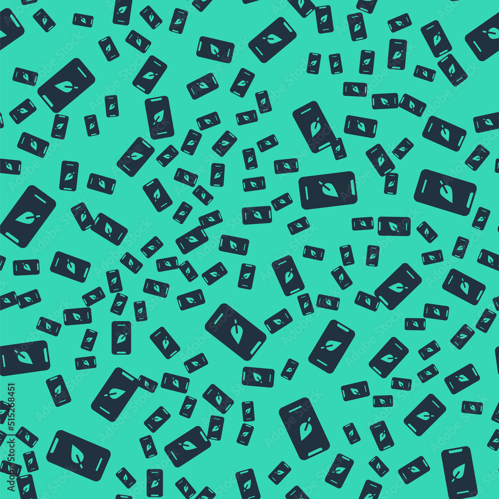 Black Smartphone, mobile phone with leaf icon isolated seamless pattern on green background. Vector Black Smartphone, mobile phone with leaf icon isolated seamless pattern on green background. Vector