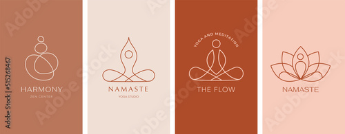 Collection of Yoga, Zen and Meditation logos, linear icons and elements. Bohemian style minimalist illustrations in pastel colors