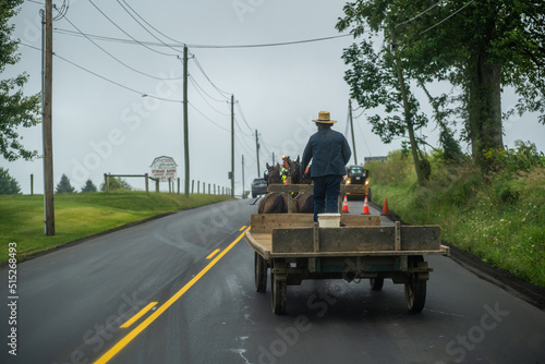 Amish man driving a horse drawn wagon on the road in Holmes county, Ohio, near Mt. Hope © Isaac