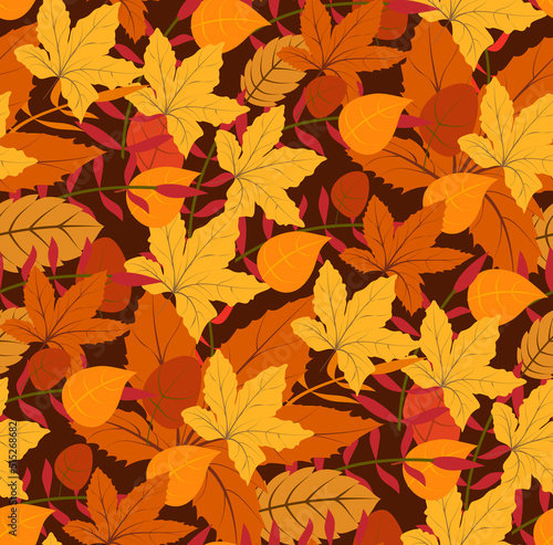 Leaves seamless pattern for wallpaper  textile or packaging. Vector background from botanical elements repeat. Leaf leafs gold  orange  green color. Endless foliage illustration.